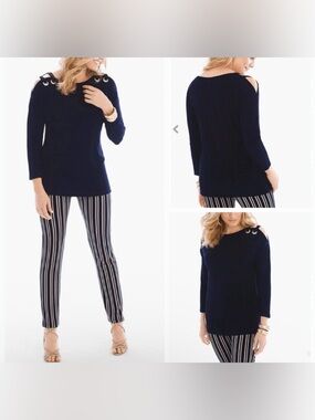 NWT Chico's TRAVELERS CLASSIC Navy Cold-Shoulder Top/Tunic with Grommet Accents